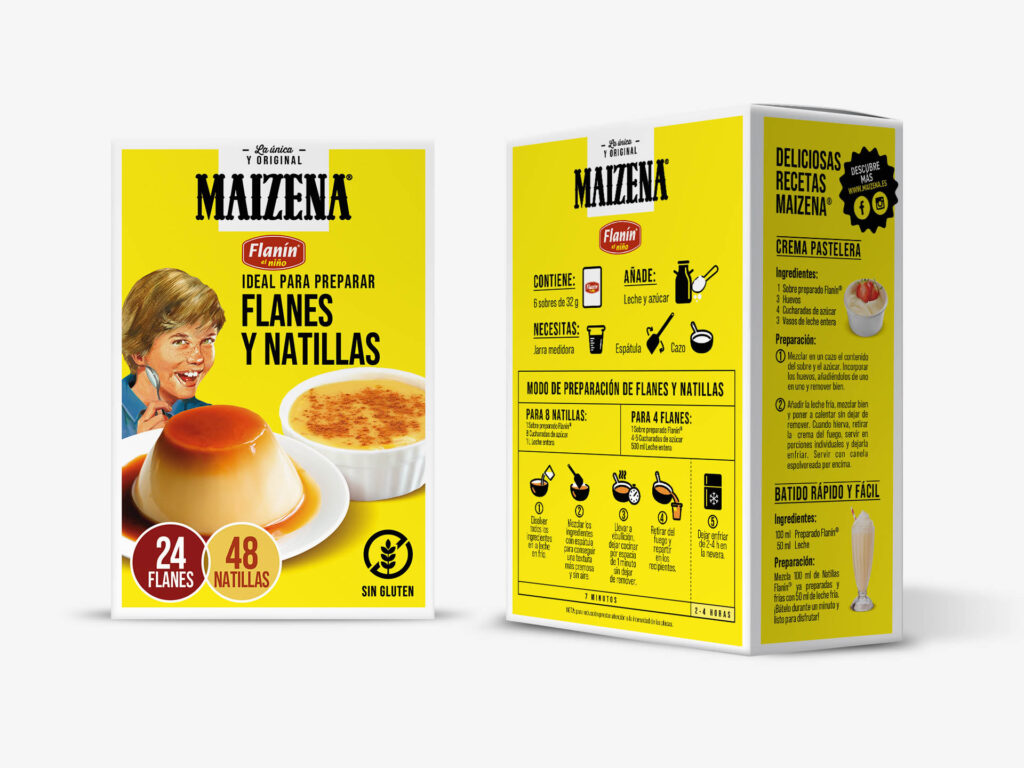 Diseño gráfico para pack de Maizena Flanin, flanes y natillas.
