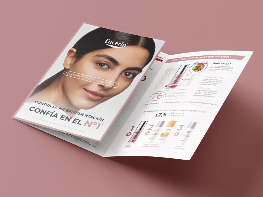 Diseño de tríptico en A4 para papelería comercial de Eucerin, con agencia Keydea